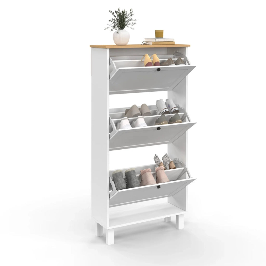 IDMarket - ACHILLE 18 paia di scarpiere bianche a 3 ante con ripiano in legno