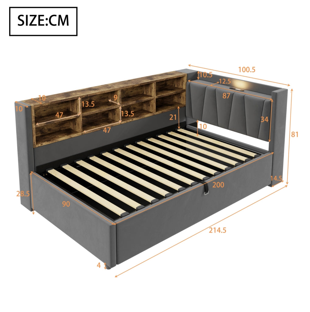 Letto imbottito 90x200 cm; testiera multifunzione con luce e porte USB e Type C; velluto; grigio