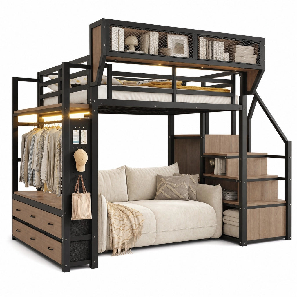 Letto a soppalco in metallo 140 x 200 cm con LED, scala laterale e ampio spazio contenitivo, nero