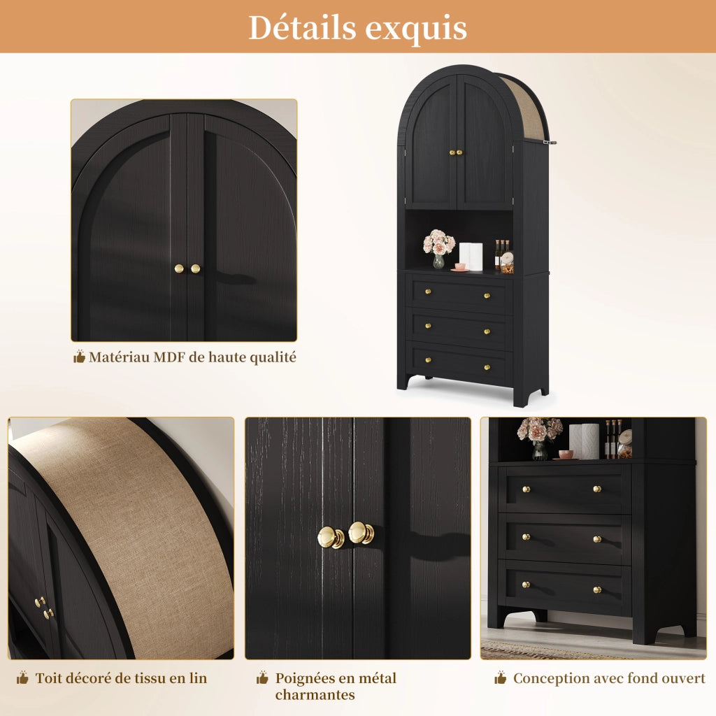 Armadio Alto con 2 Ante e 3 Cassetti; Vano Aperto; Design ad Arco; in MDF; Nero; 70??35??180 cm