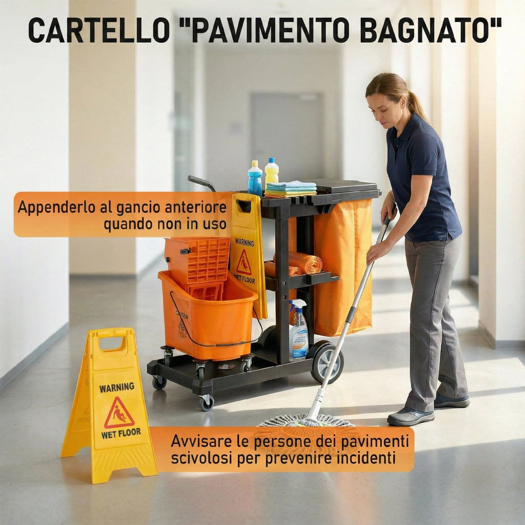 Carrello Pulizie 122x46,5x101 cm Ruote 3 Ripiani Sacco 70L Secchio con Strizzatore in PP HDPE Arancione