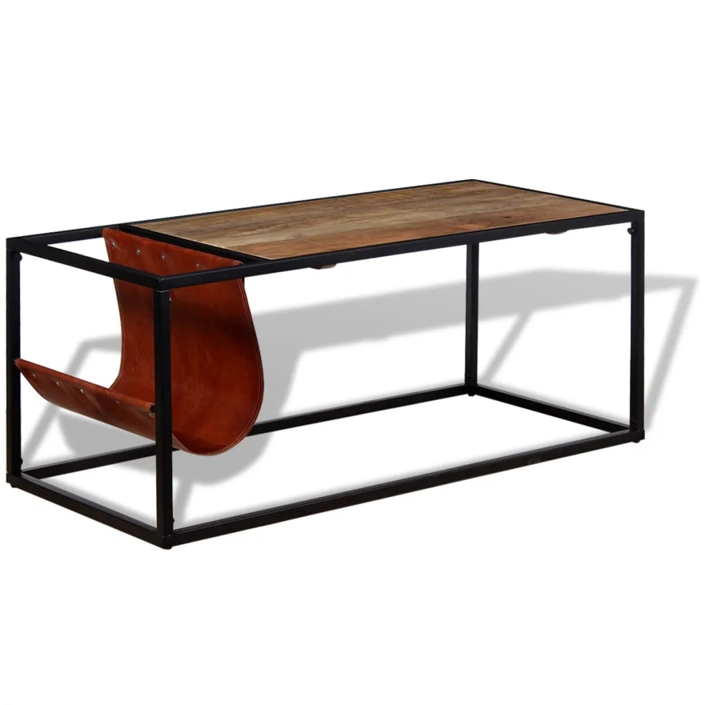 Tavolino da CaffÃ¨ in Vera Pelle con Portariviste 110x50x45 cm