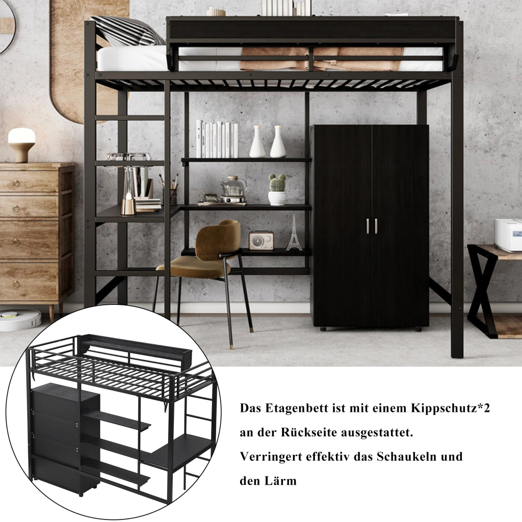 DESMIU Letto a soppalco 1 posto con scrivania, armadio, ripiani e scala a 5 gradini 90 × 200 cm, senza materasso