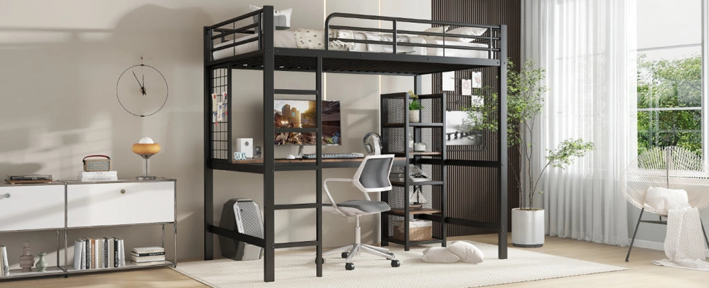 Letto a soppalco in ferro e MDF con scrivania e scaffalatura, 90x200 cm, colore nero e legno scuro