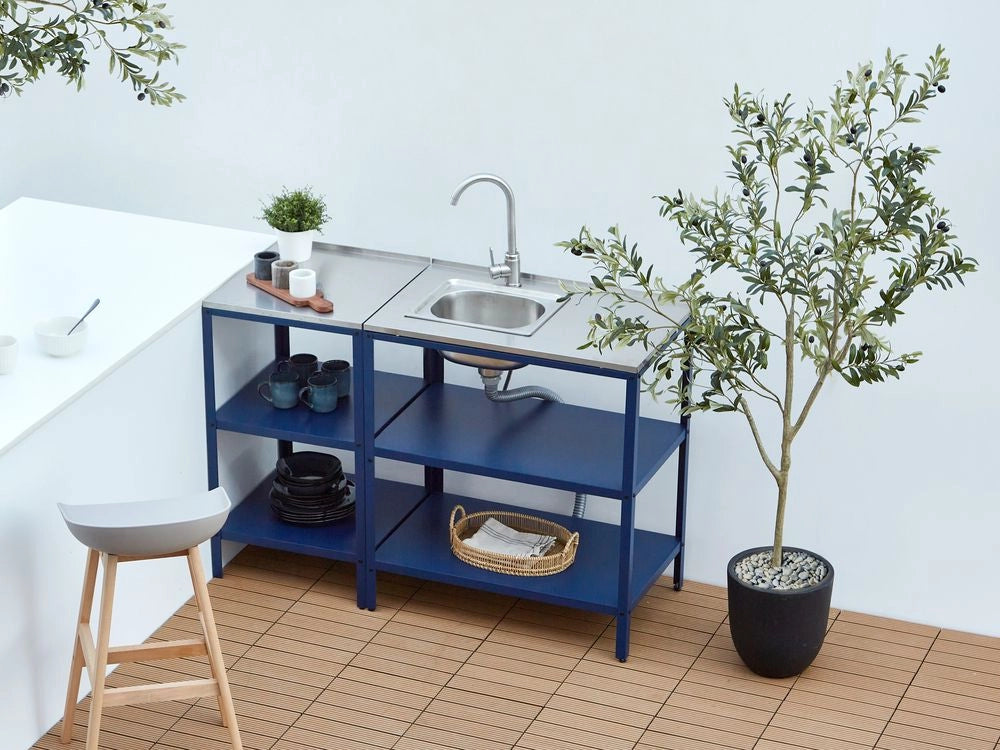 Isola da cucina per esterni Blu in acciaio inox a 2 ripiani con top Cucina da giardino da pranzo