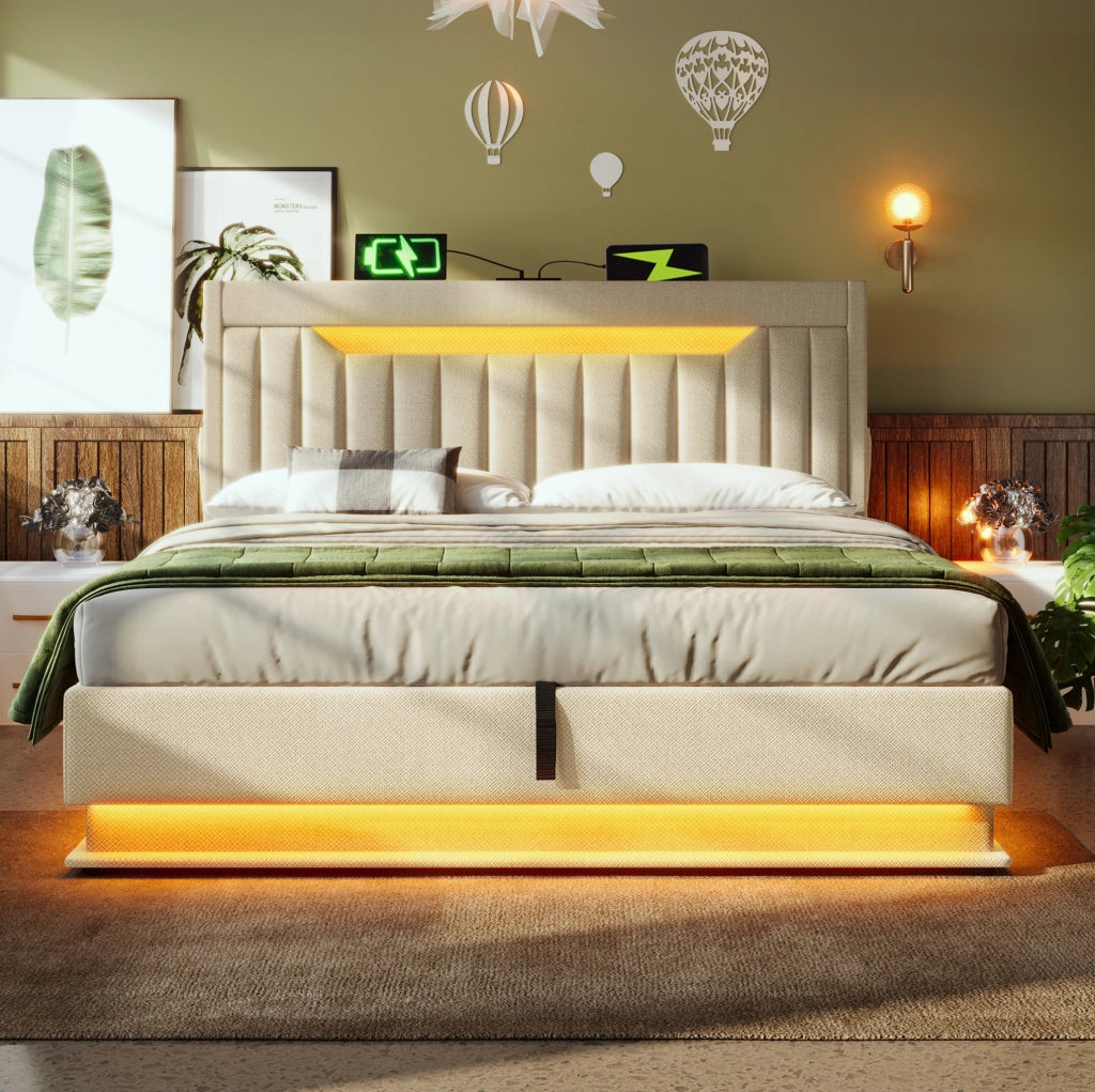 Letto matrimoniale 140x200 cm in lino beige con LED; ricarica USB e Type-C; contenitore idraulico