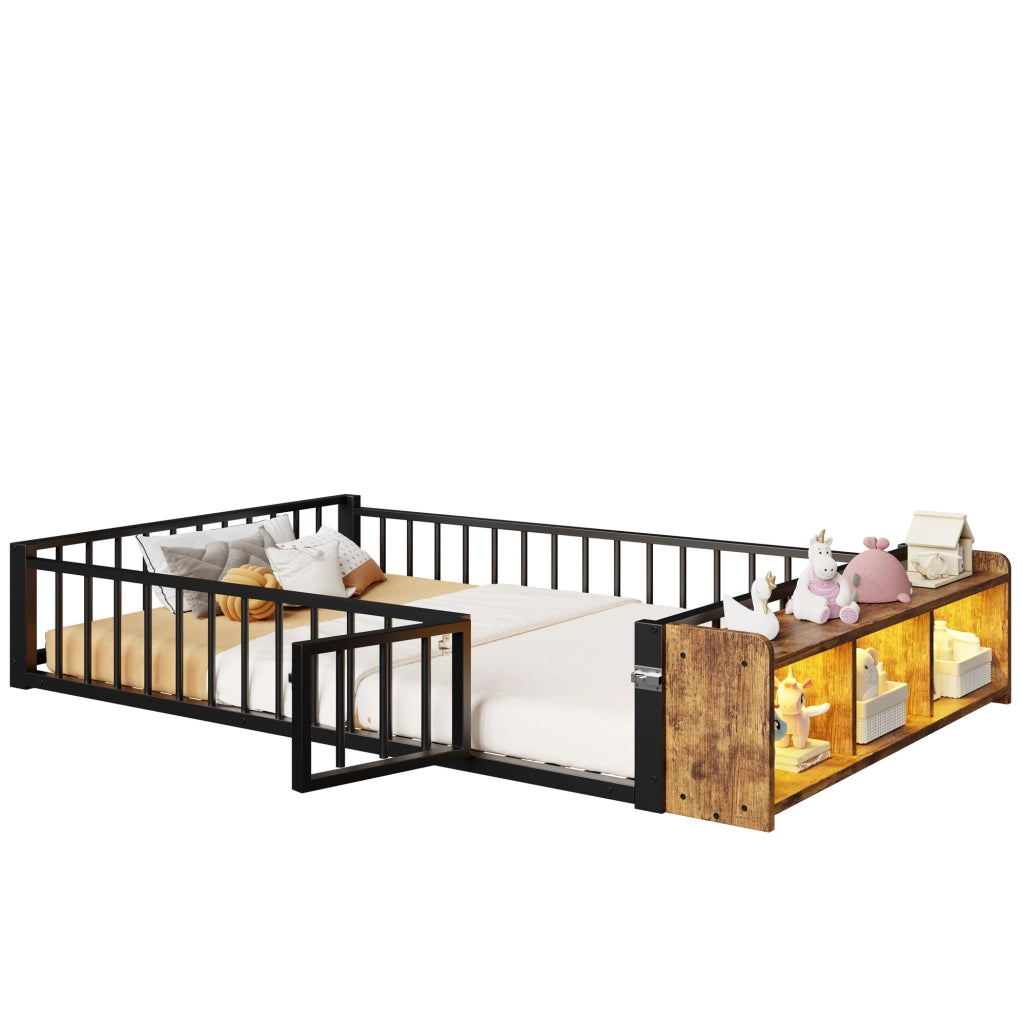 Letto 140x200 cm con vano portaoggetti; LED e sponde in metallo e MDF nero