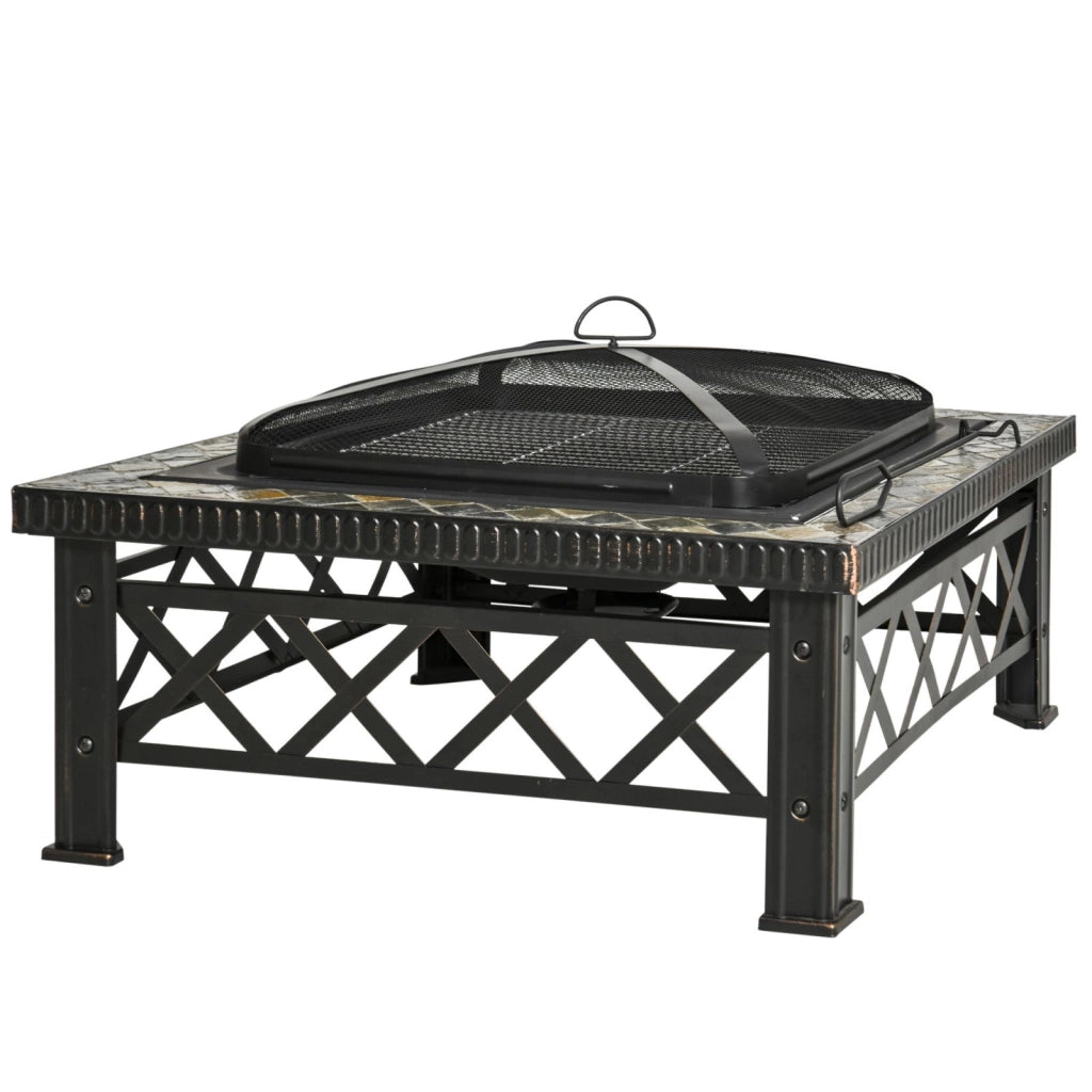 EasyComfort Braciere da Giardino con Coperchio Parascintille e Griglia per Barbecue in Metallo 76x76x47cm Nero