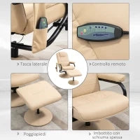 Poltrona Relax con Pouf Poggiapiedi Reclinabile a 145° con 10 Punti Massaggio e Telecomando in Finta Pelle, Crema