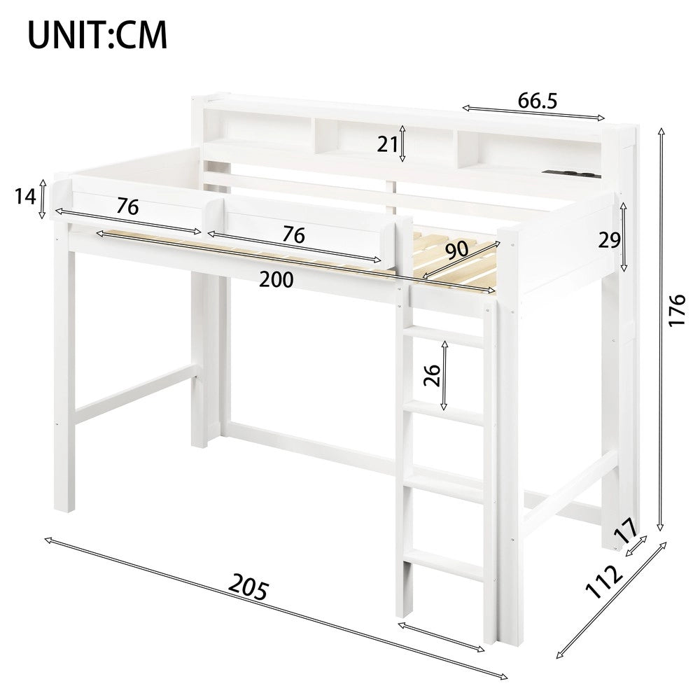 Letto a Soppalco in Legno con LED e USB ¨C MINIMAL ¨C Bianco 90x200