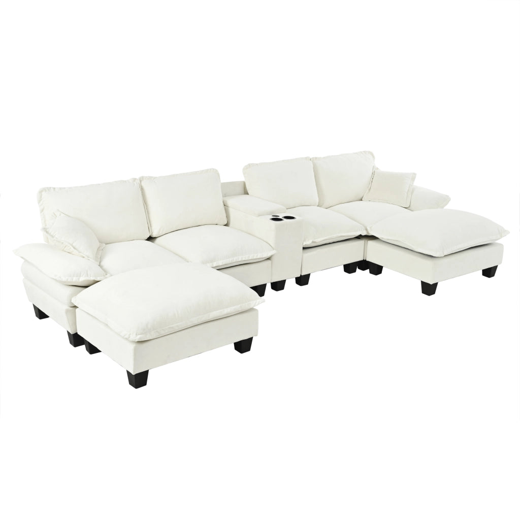 Divano panoramico a U modulare con contenitore portabicchieri USB e pouf removibile in chenille beige 362×151×90 cm