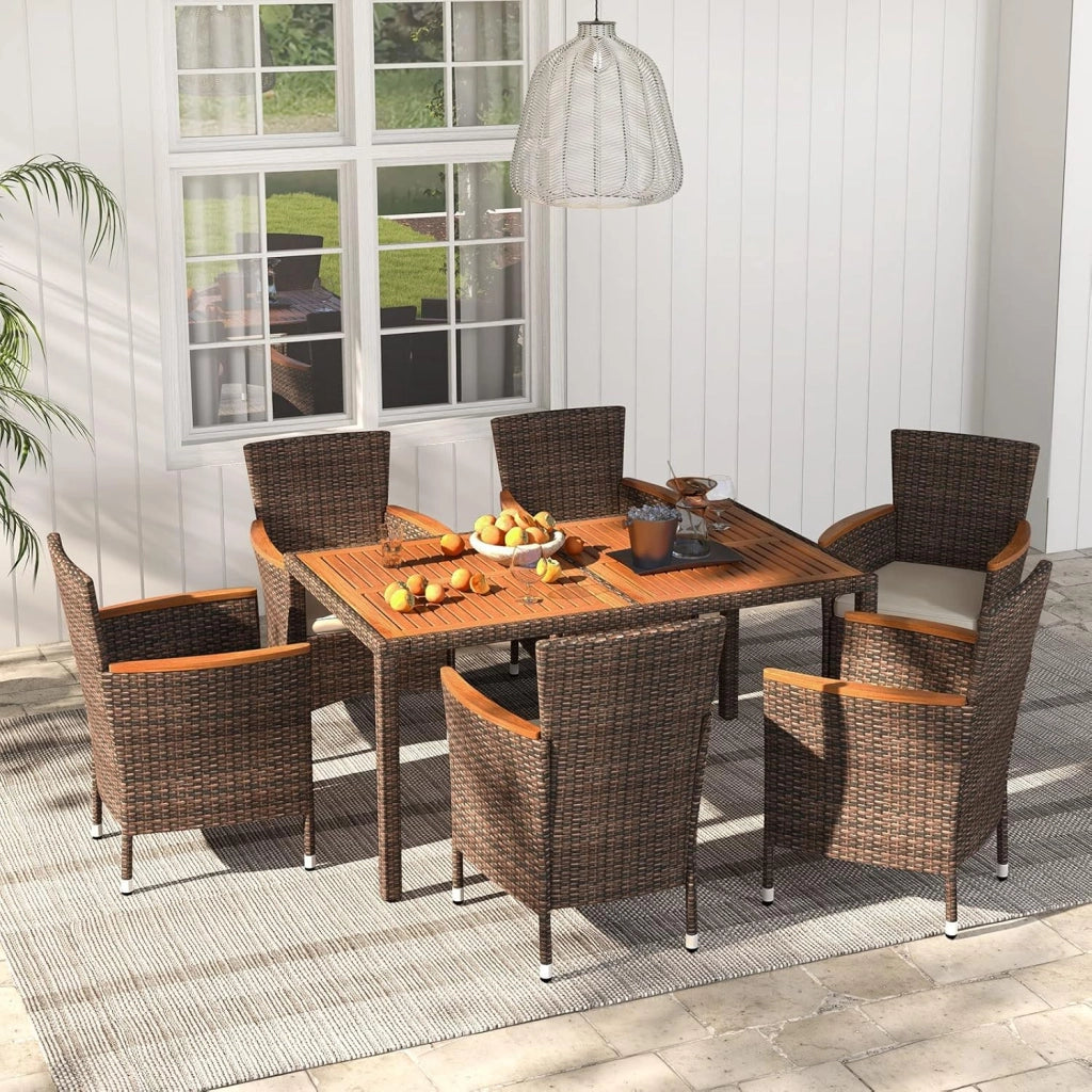 7 Pezzi Set di Mobili da Pranzo, Set Mobili da Giardino in Rattan PE con Piano in Legno di Acacia, 6 Sedie Impilabili e Cuscini Impermeabili, per Giardino Piscina e Cortile