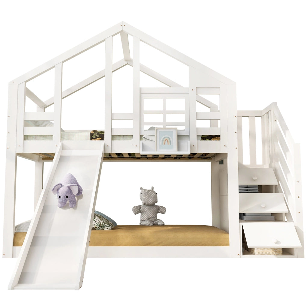 Letto a castello a casetta 90x200 cm con scivolo e scale contenitore; bianco