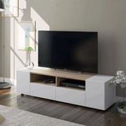 Mobile porta TV Ebe, Credenza per televisione da soggiorno, Supporto per televisione moderno, Credenza bassa multiuso, cm 138x42h36, Bianco e Rovere
