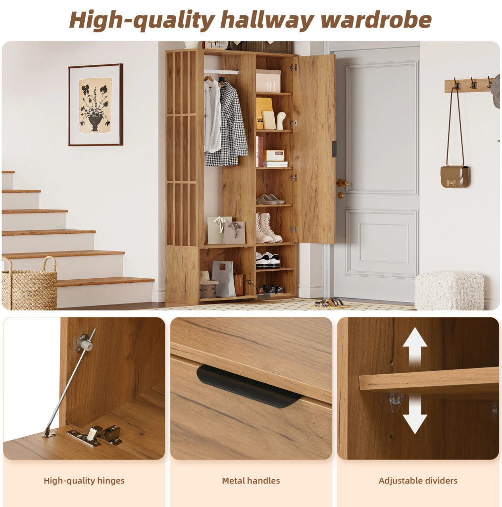 Mobile ingresso 6 in 1 100 x 33 x 190 cm con specchio; appendiabiti e vani; colore legno naturale