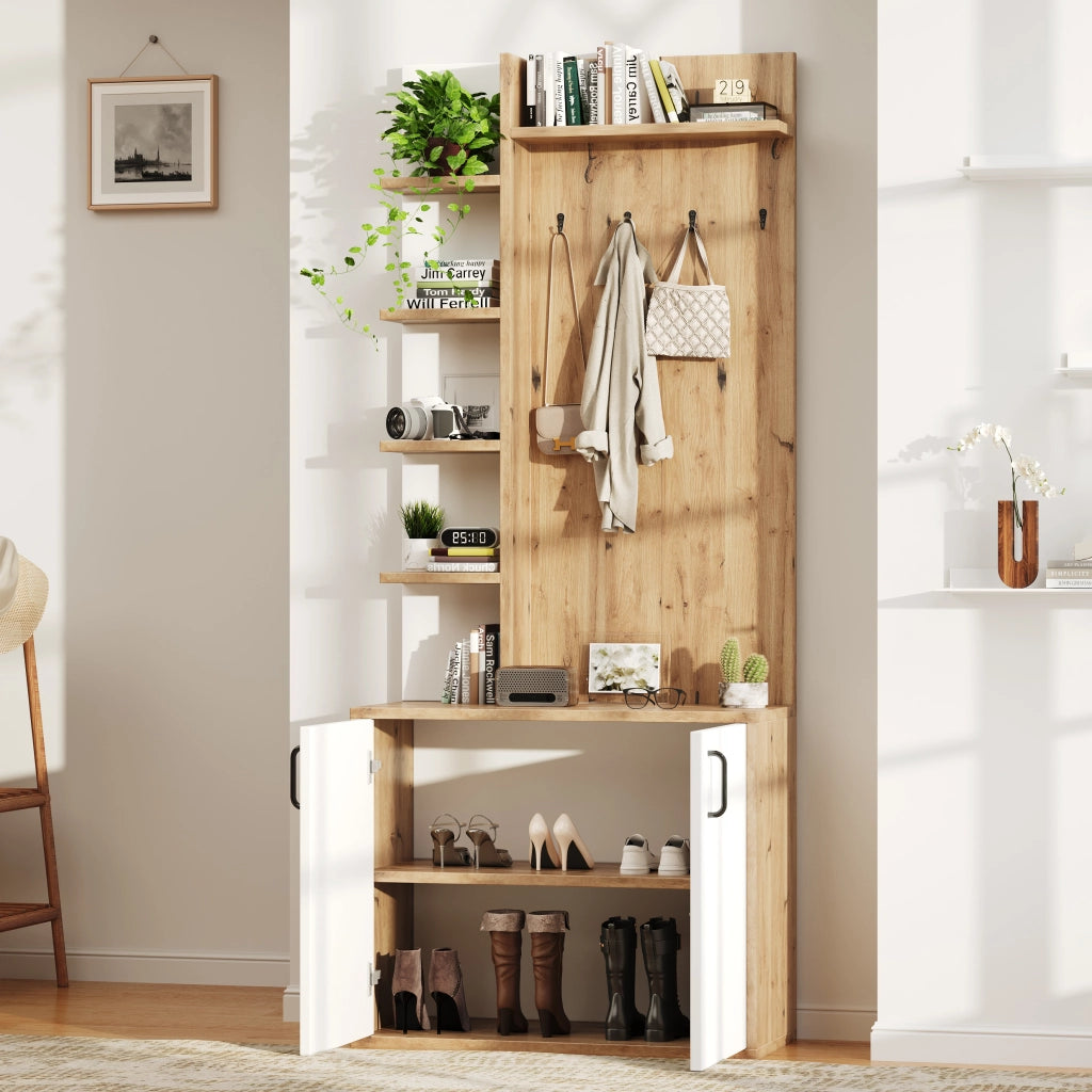 Mobile Ingresso con 6 Ripiani Aperti e Armadietto a 2 Ante; Stile Naturale; in Pannello Truciolare; Legno Naturale e Bianco; 75??33??180 cm