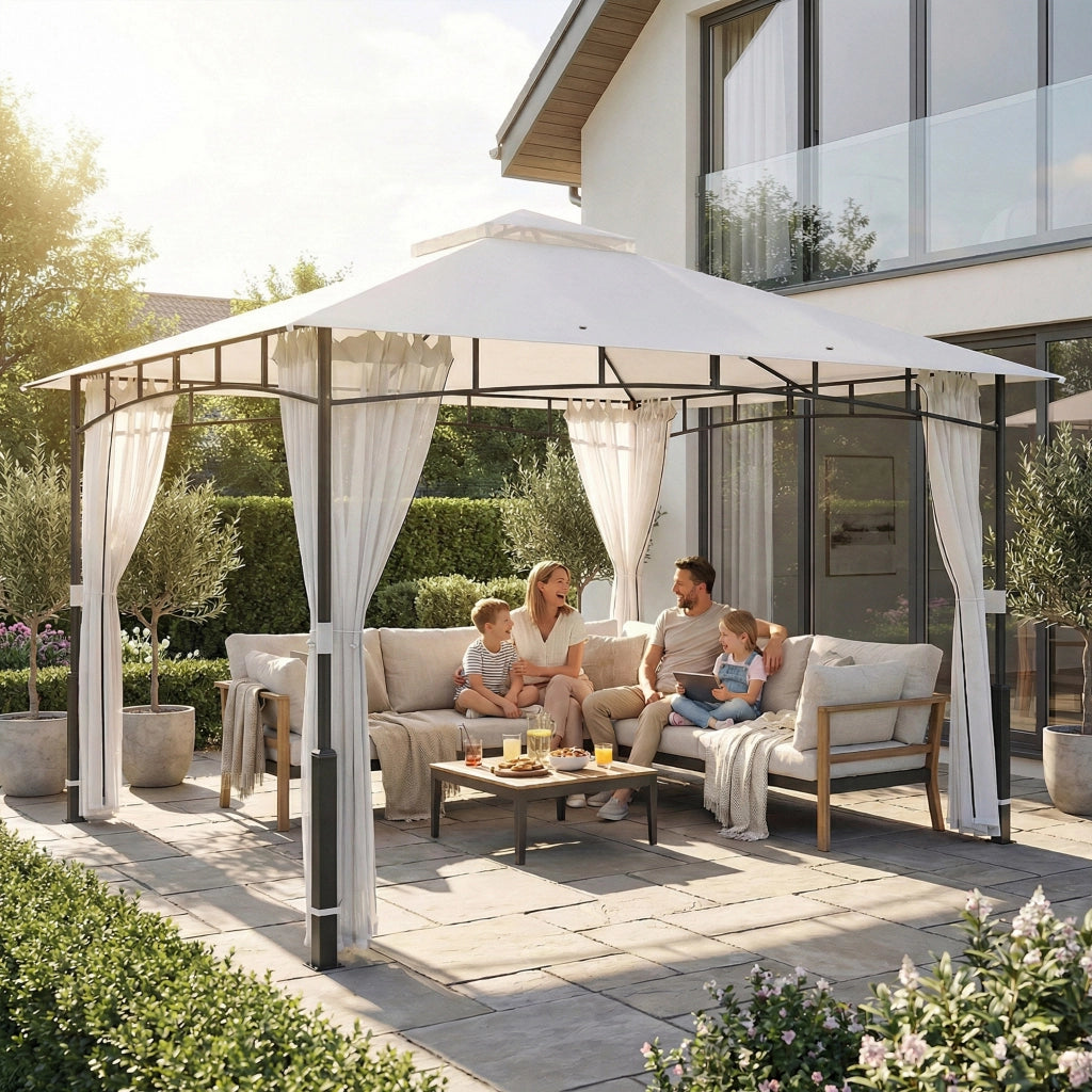 Gazebo da giardino 3x3.6 m ¨C zephmum ¨C Nero, Doppio tetto, Rete zanzariera