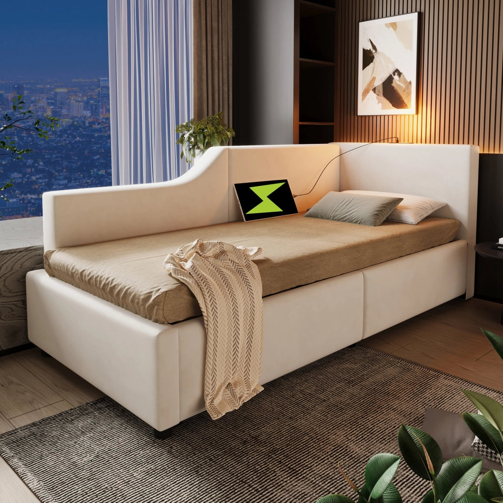 LETTO DA GIORNO Contenitore 90x190 cm in Velluto Beige con lampada da lettura e USB-C