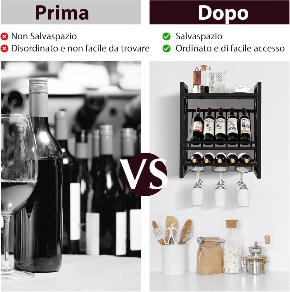 Portabottiglie da Parete, Scaffale Espositivo per Vino Industriale con Portabottiglie a 2 Livelli per 10 Bottiglie, Portabottiglie da Parete Salvaspazio per Cucina, Soggiorno, Sala da Pranzo