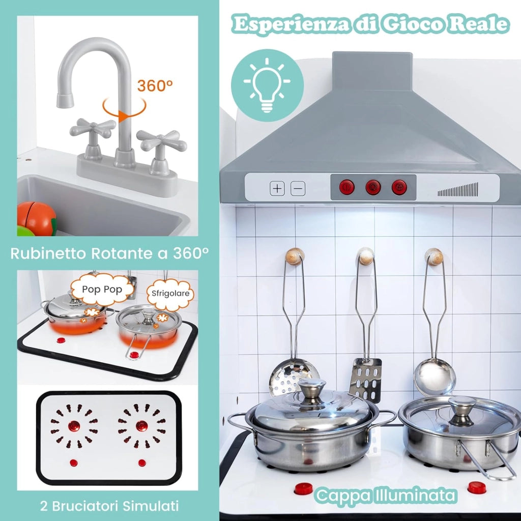 Cucina Giocattolo per Bambini, Cucina per Bambini con Frigorifero, Macchina del Ghiaccio, Lavatrice, Forno, Microonde, Lavello e Rubinetto, Con Luci e Suoni, per Bambini 3+ Anni (Grigio)
