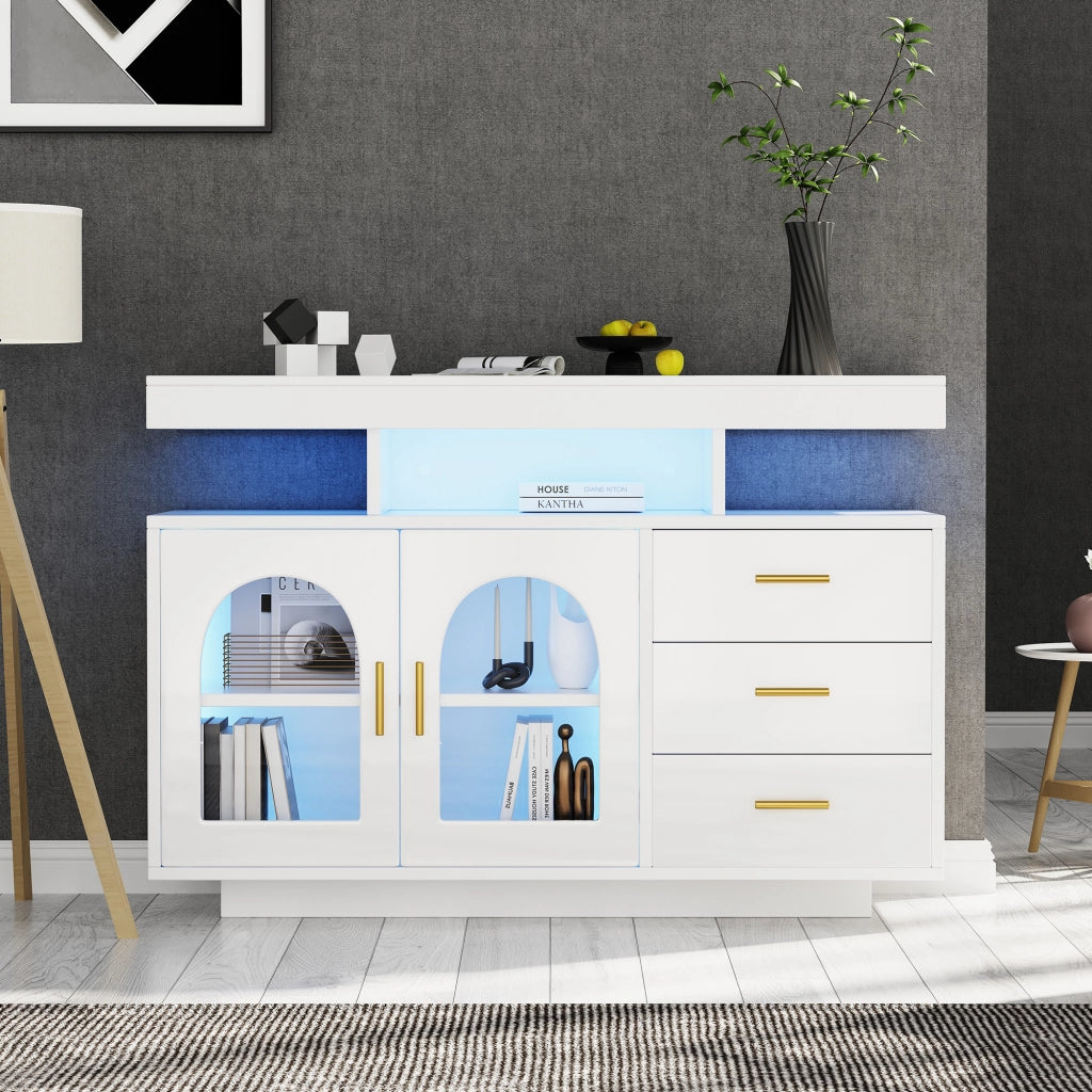 Credenza con 3 cassetti; vani aperti e LED RGB per soggiorno; 120 x 40 x 80 cm; bianco