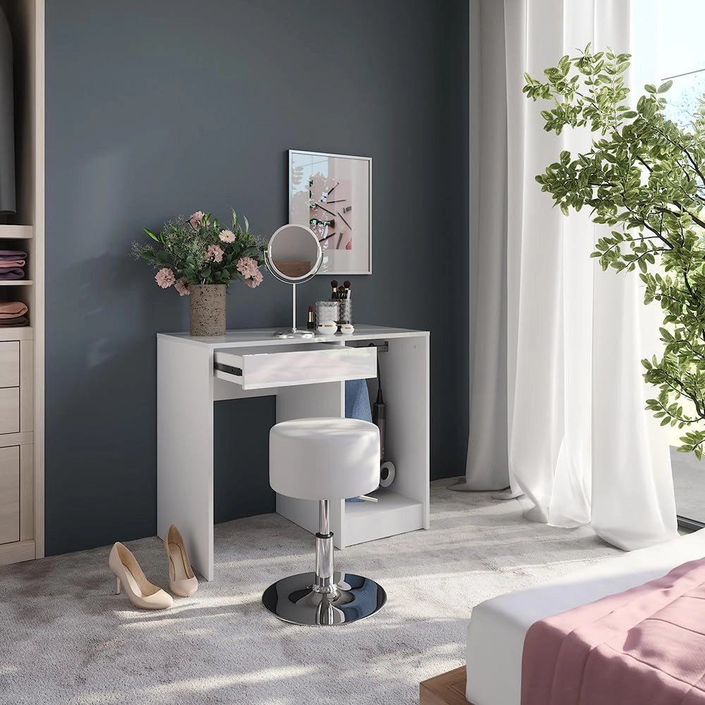 Tavolo da toeletta Sherry, Bianco/bianco lucido, 89.8 cm con sgabello