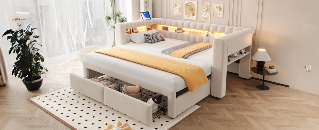 Letto estraibile imbottito in velluto beige con due cassetti vani contenitore LED USB e Type-C