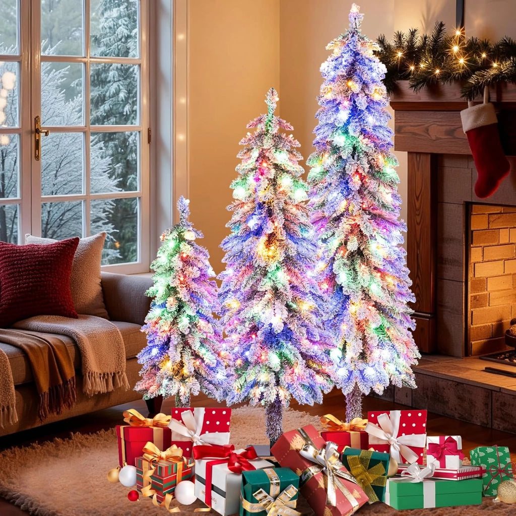 Set di 3 Alberi di Natale Artificiali, Alberi di Natale con Luci LED e Rami Densi e Realistici, Decorazione Natalizia per Casa, Ufficio e Negozio (Stile 3)