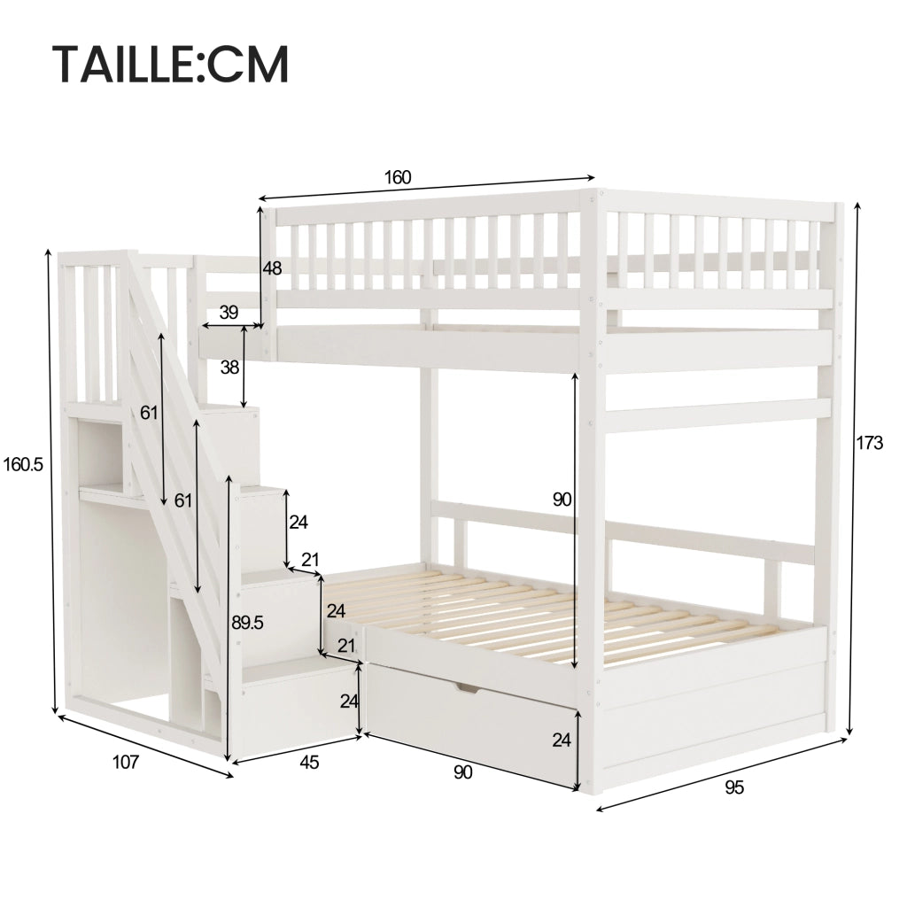 Letto a Castello 2 Posti con Scala Contenitore; Cassetto e Sponda Alta; 90 x 200 cm; senza Materasso; Bianco