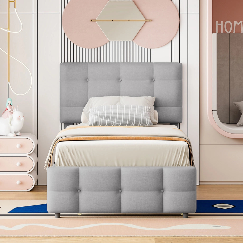 Letto imbottito estraibile 90x200 cm con testiera regolabile; tessuto di lino grigio