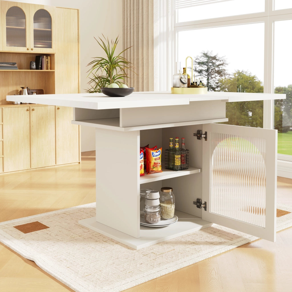 Tavolo da pranzo allungabile per 6-8 persone con 3 ripiani e ante in vetro, in MDF e vetro, bianco, 110 × 80 × 76 cm