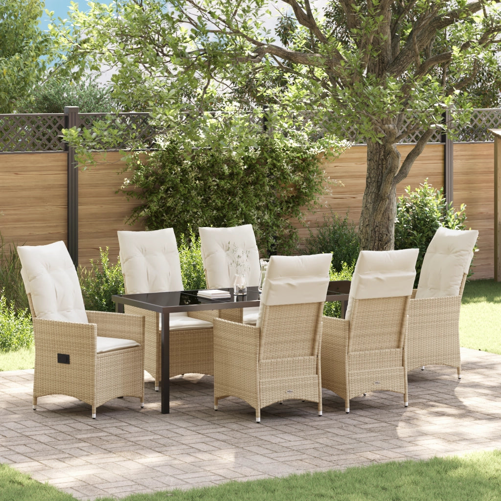 Set da Pranzo da Giardino in 7 Pezzi con Cuscini Beige Rattan in Poly