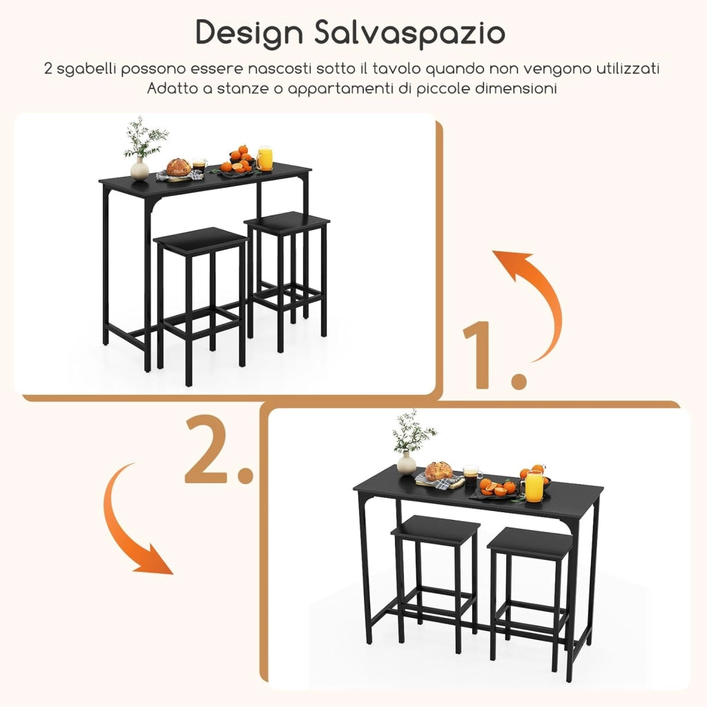 Tavolo con 2 Sgabelli in Metallo e Legno, Set da Pranzo 3 Pezzi, Tavolo Rettangolare da Cucina con 2 Sedie per Sala da Pranzo, Appartamento e Bistro, Stile Retrò (Nero)