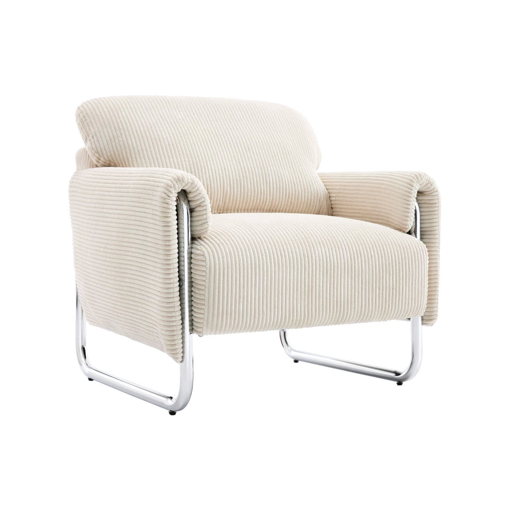 Poltrona vintage in velluto a coste con struttura cromata, bianco