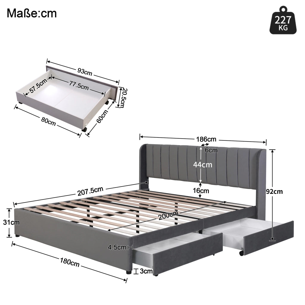 Letto imbottito 180x200 cm in velluto grigio con rete a doghe e 2 cassetti