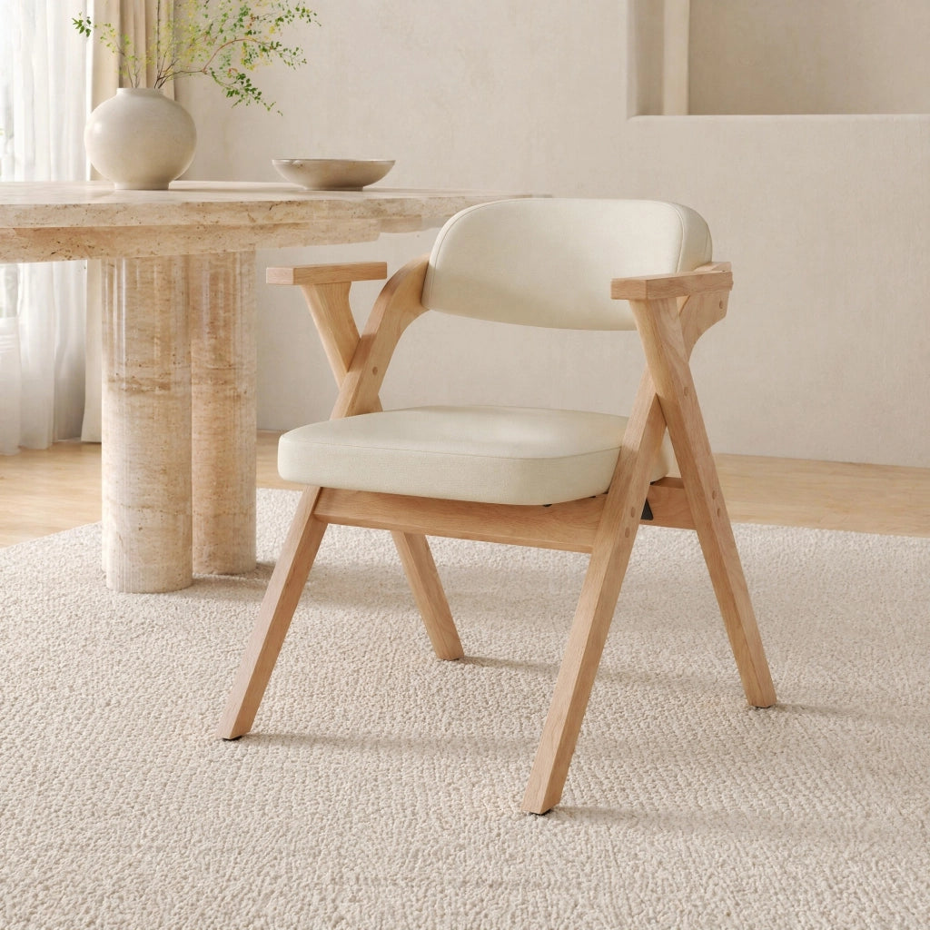 Set di 2 sedie da pranzo pieghevoli in legno massiccio con cuscino in lino, beige