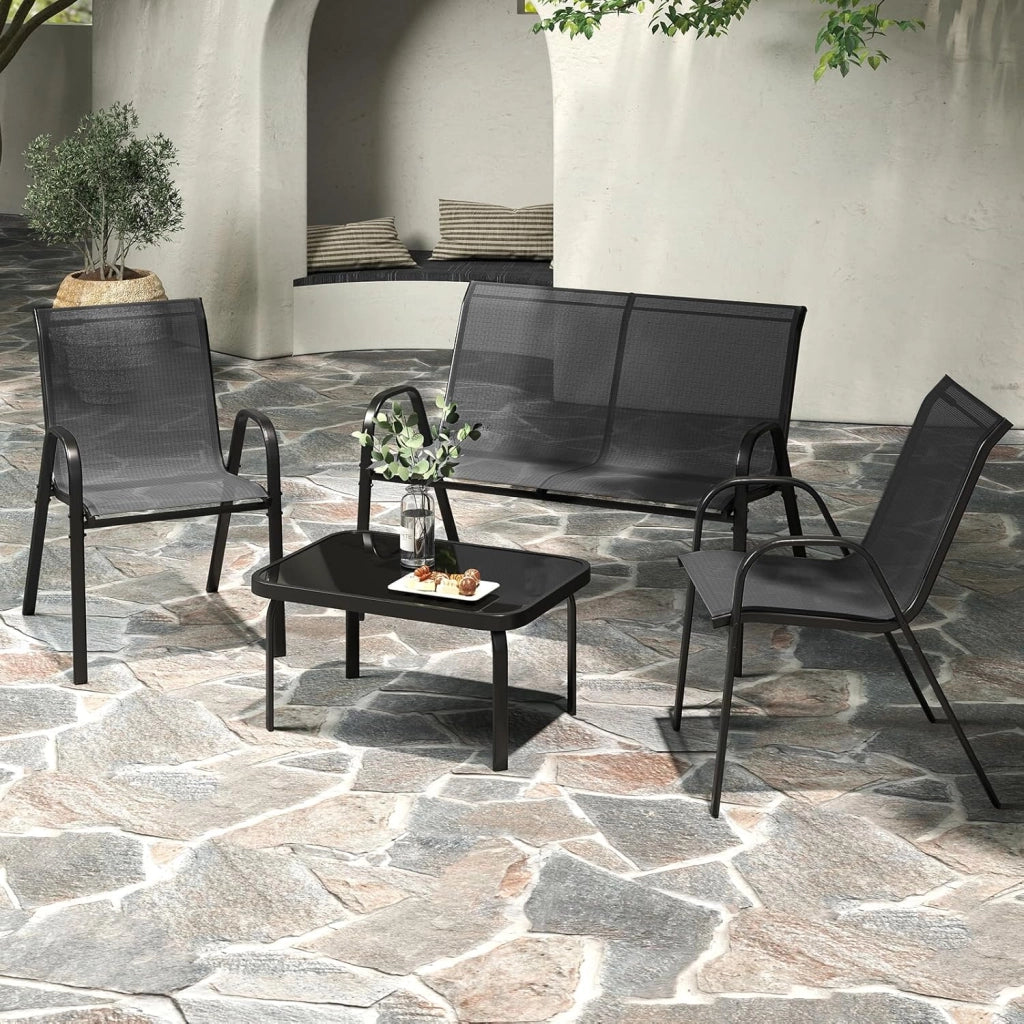 Set Tavolo e Poltrona da Giardino, Set di Mobili 4 Pezzi per Esterno, con Tavolino in Vetro Temperato, Panca e 2 Poltrone, per Giardino Balcone Piscina (Grigio)
