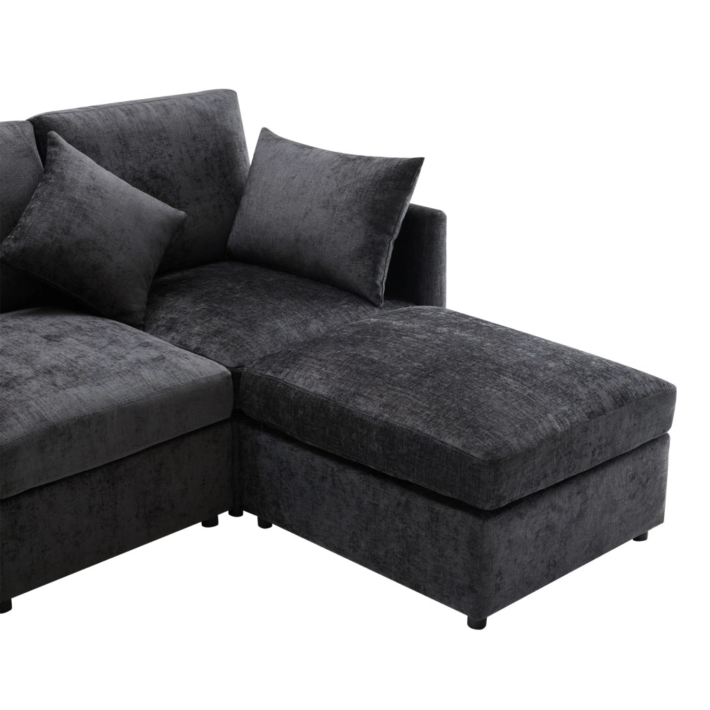 SOFA angolare modulare 216x161x81 cm in chenille grigio con pouf e 4 cuscini