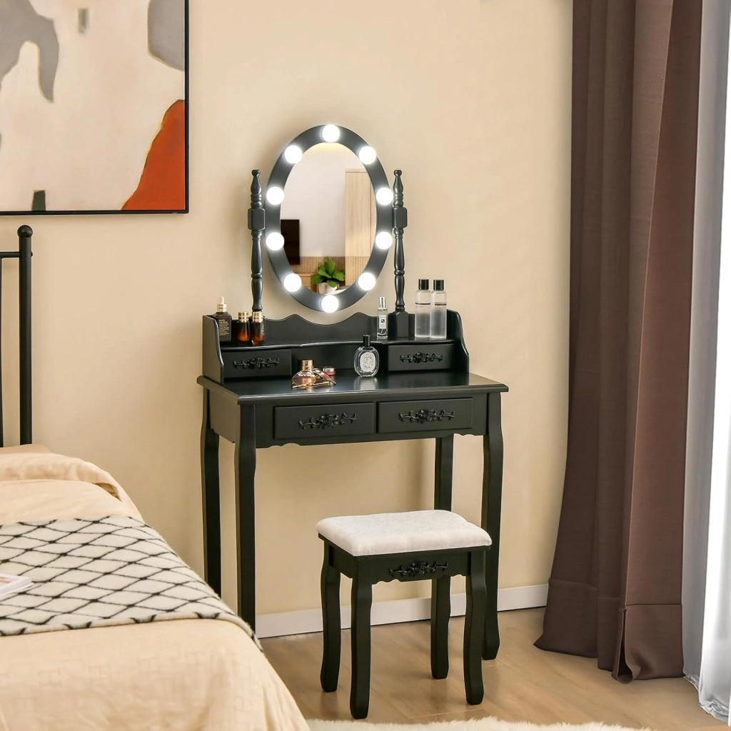 Toeletta Trucco con Specchio e 10 Luci LED, Luminosità Regolabile, Postazione Trucco con Sgabello Imbottito, Tavolo da Trucco Scrivania con 4 Cassetti Camera da Letto (Nero)