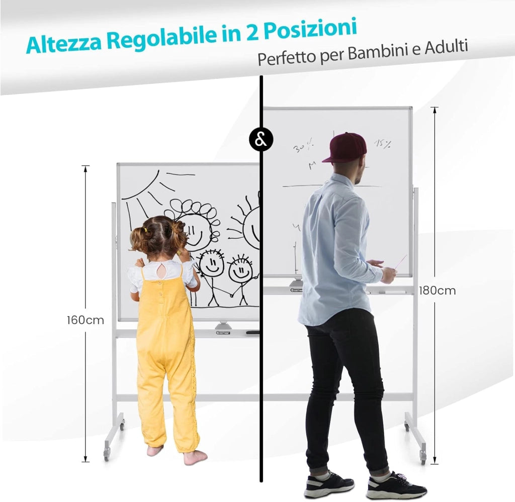 Lavagna Bianca Magnetica Doppia, Lavagna Bianca Regolabile in Altezza e Ruote Bloccabili, 6 Pennarelli, 12 Calamite e 1 Cancellino, Ideale per Scuola, 126 x 53,5 x 160-180 cm (Bianco)