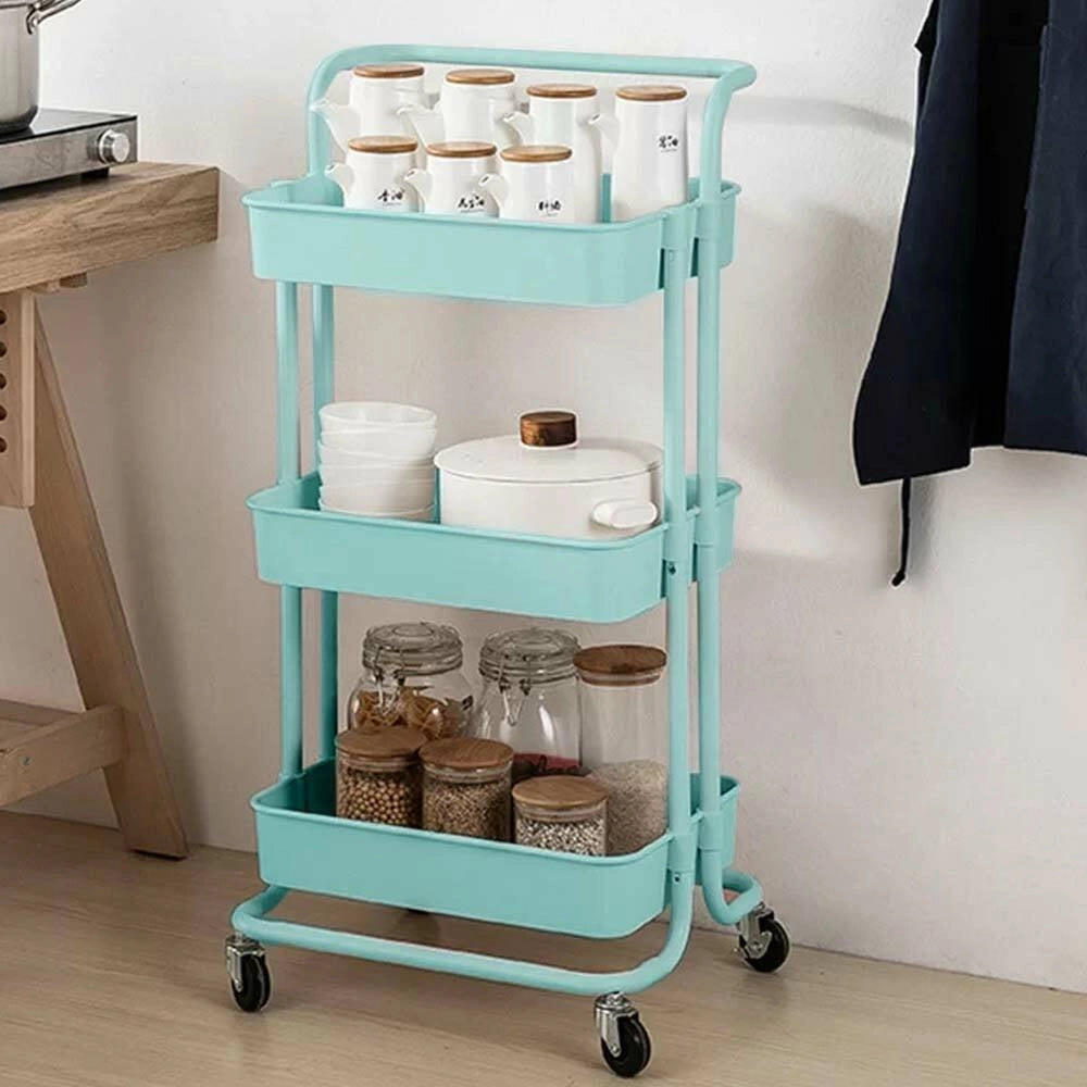 Carrello Trolley Cucina in Metallo 3 Ripiani 43x36x85 4 Ruote Salvaspazio Blu