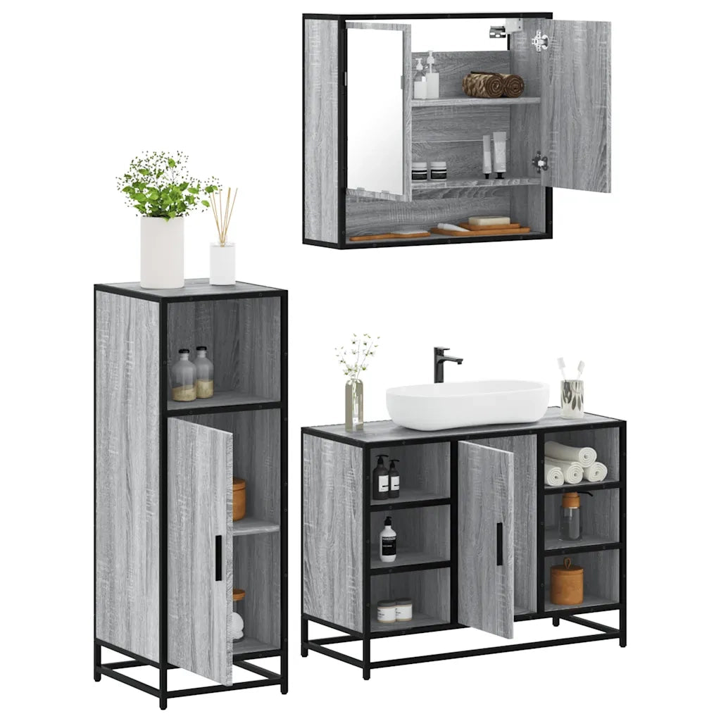 Set Mobili da Bagno 3 pz Grigio Sonoma in Legno Multistrato