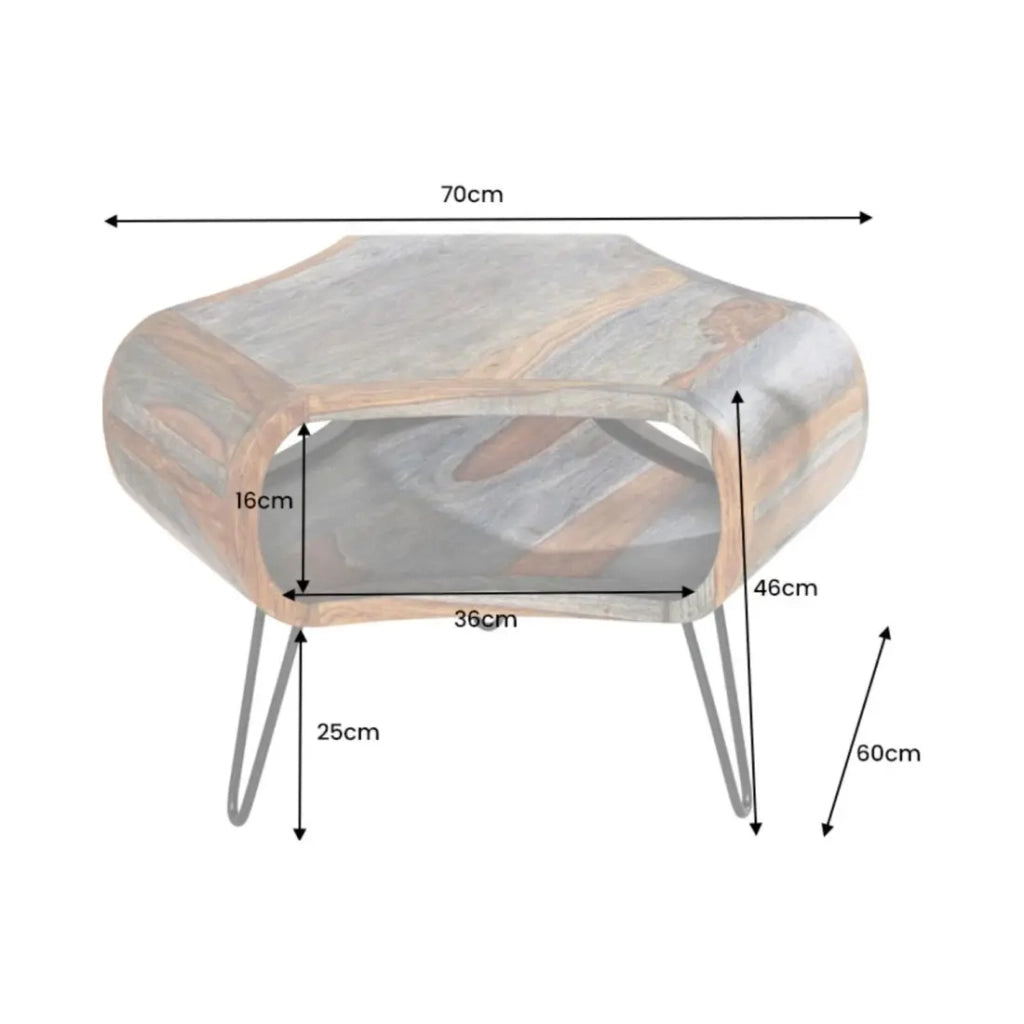 Tavolino basso NERA 70 cm in legno massiccio di Sheesham marrone e grigio con nicchia – stile retro industriale