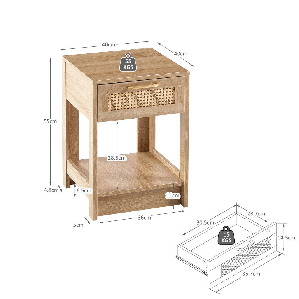 Comodino in MDF con 1 cassetto effetto rattan per camera da letto e soggiorno naturale 40 × 40 × 55 cm