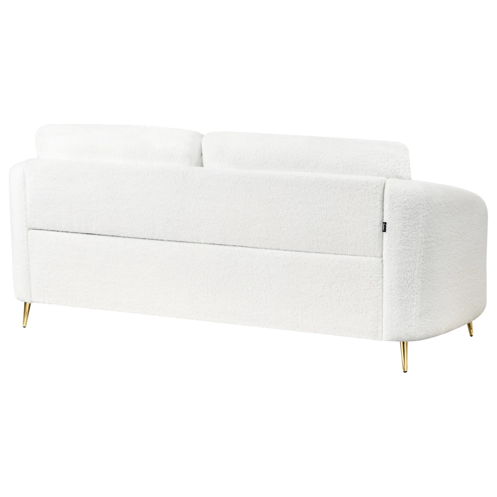 Divano 3 posti in tessuto bouclè bianco con piedi dorati curve morbide stile glamour elegante soggiorno