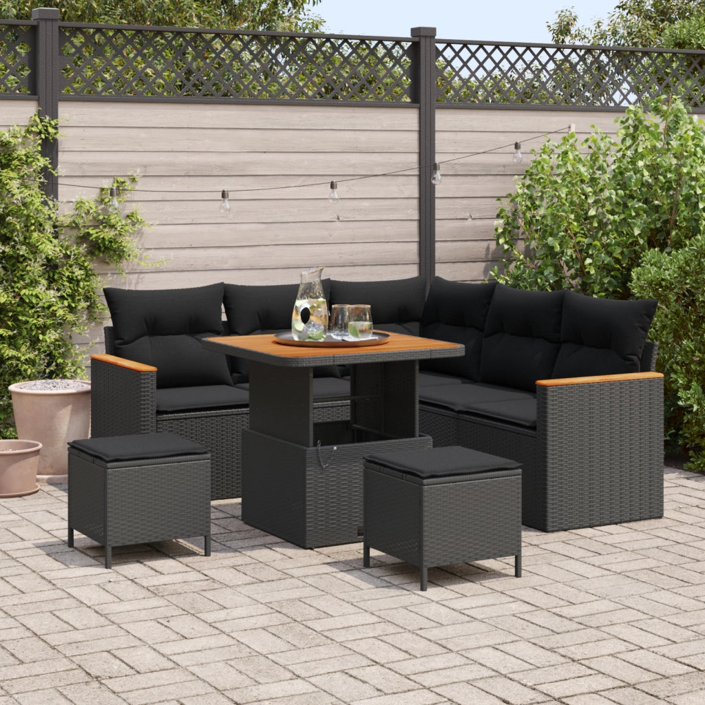 Set Divano da Giardino  8 Pezzi con Cuscini Nero Polirattan Acacia