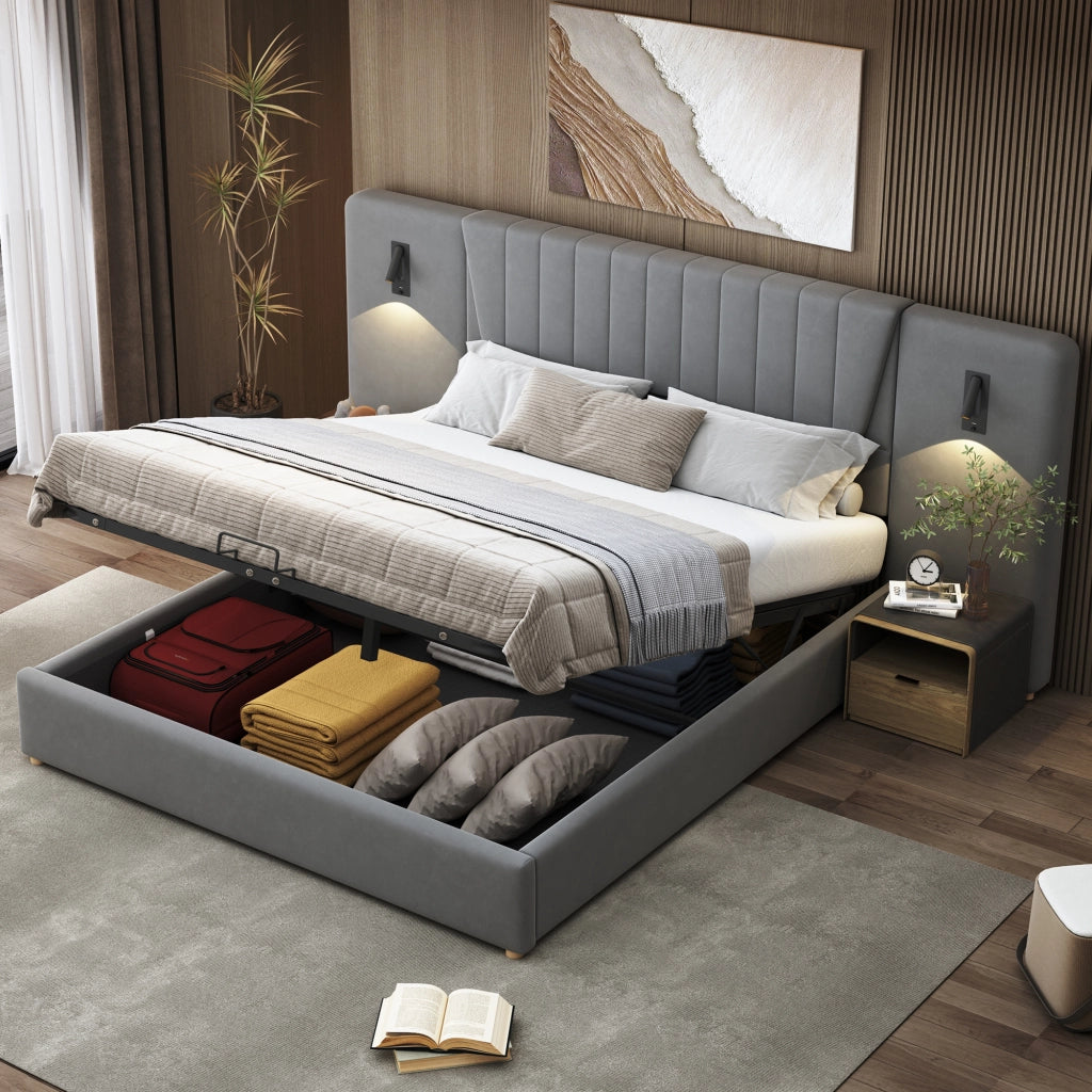 OKWISH Letto Contenitore 180×200 cm, Letto Matrimoniale con Lampade da Lettura Orientabili, USB e Testiera Alta, senza Materasso, Grigio