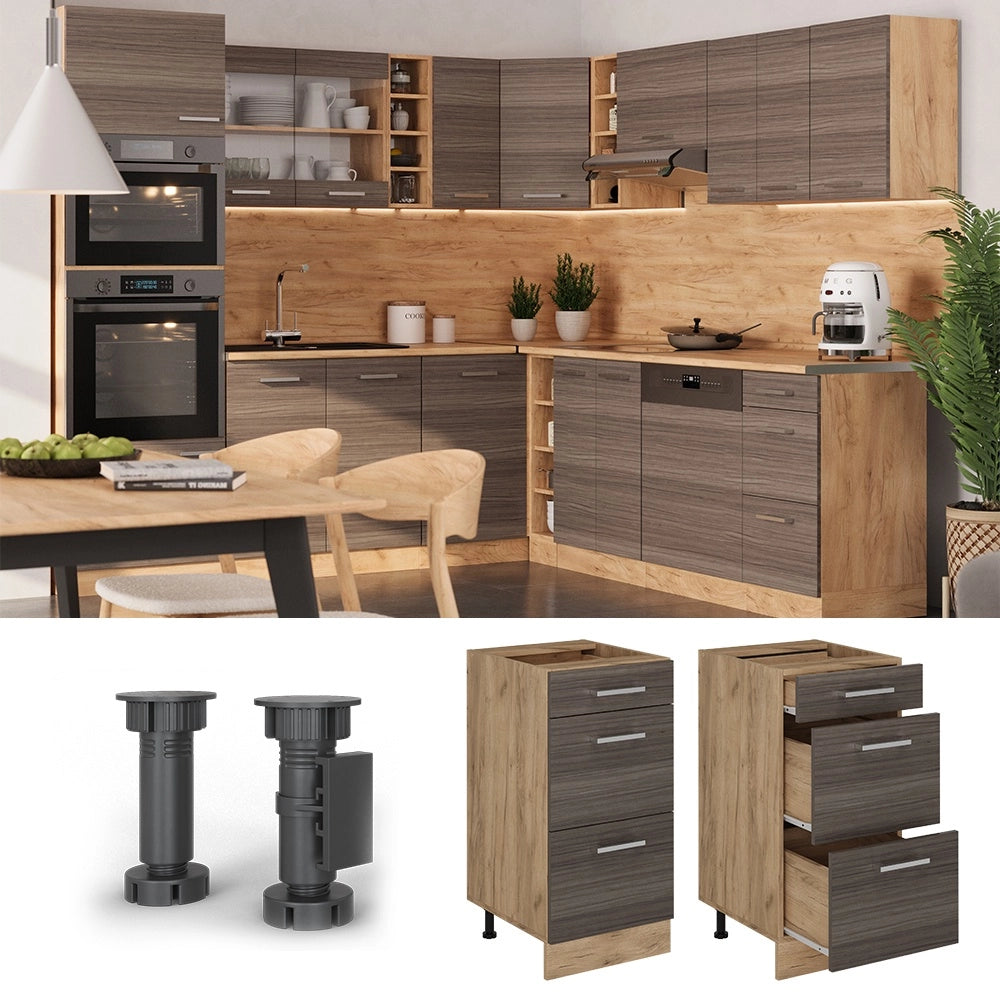 Mobiletto base per cucina R-Line Grigio nobile/Rovere dorato 40 cm con cassetti, senza piano di lavoro Vicco