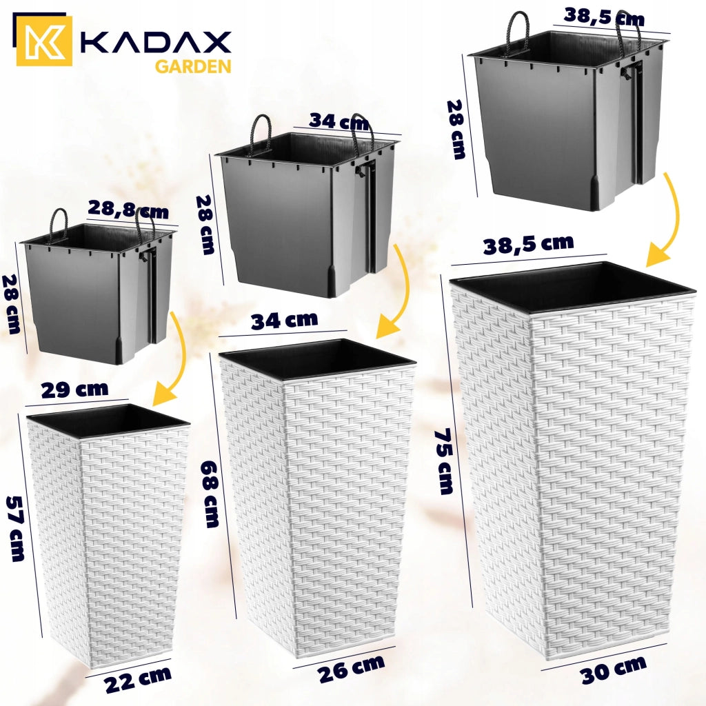 Set di 3 vasi da fiori KADAX, vasi da giardino + inserti, alti, grandi, bianchi, 57+68+75 cm