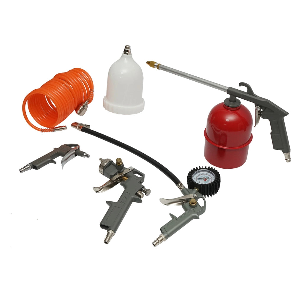 Set di 5 pezzi ad aria compressa con tubo a spirale da 5 m, ideale per lavaggio, verniciatura, gonfiaggio e soffiaggio. Breckner Germany